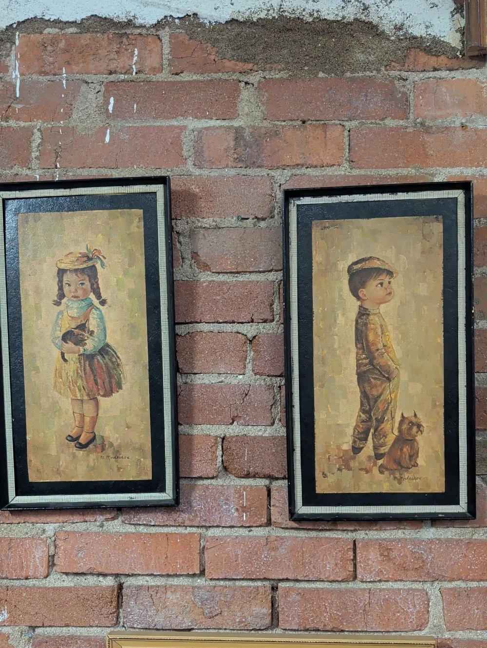 Vintage Style Framed Wall Art Set M  Medeiros Lithograph Children w Pets Dog Cat